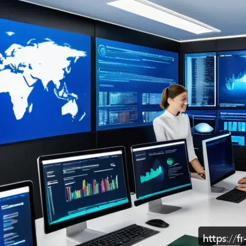 Home 32 사이버보안 실무에 필요한 영어 능력 - A modern office setting with a diverse team of cybersecurity professionals collaborating around a la...