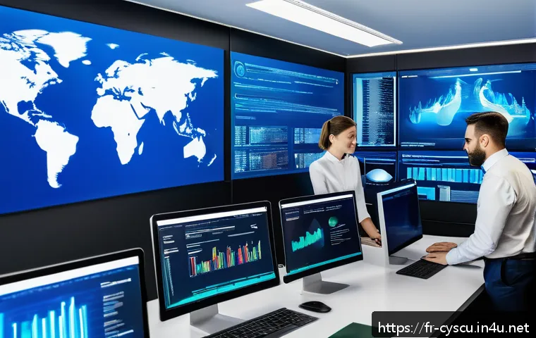 사이버보안 실무에 필요한 영어 능력 - A modern office setting with a diverse team of cybersecurity professionals collaborating around a la...