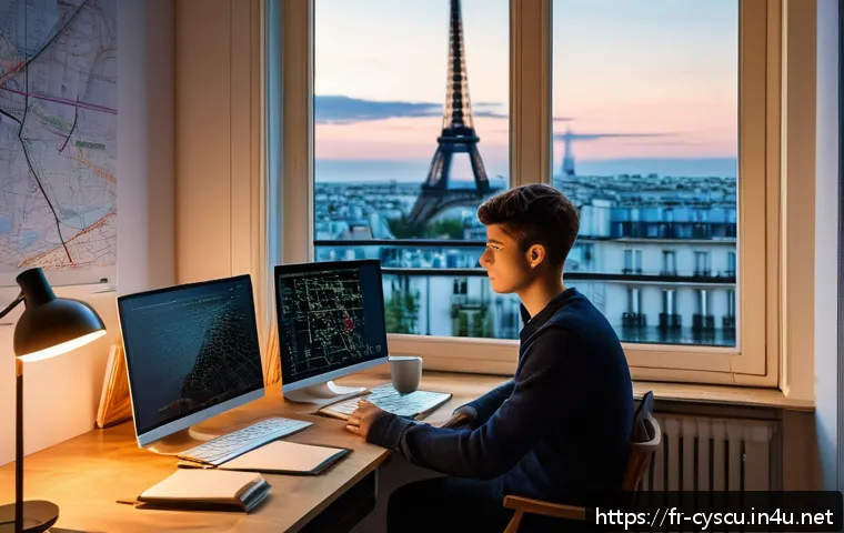 보안 관련 공모전에 참가하기 - A focused young adult studying cybersecurity at a modern desk in a cozy Parisian apartment, surround...